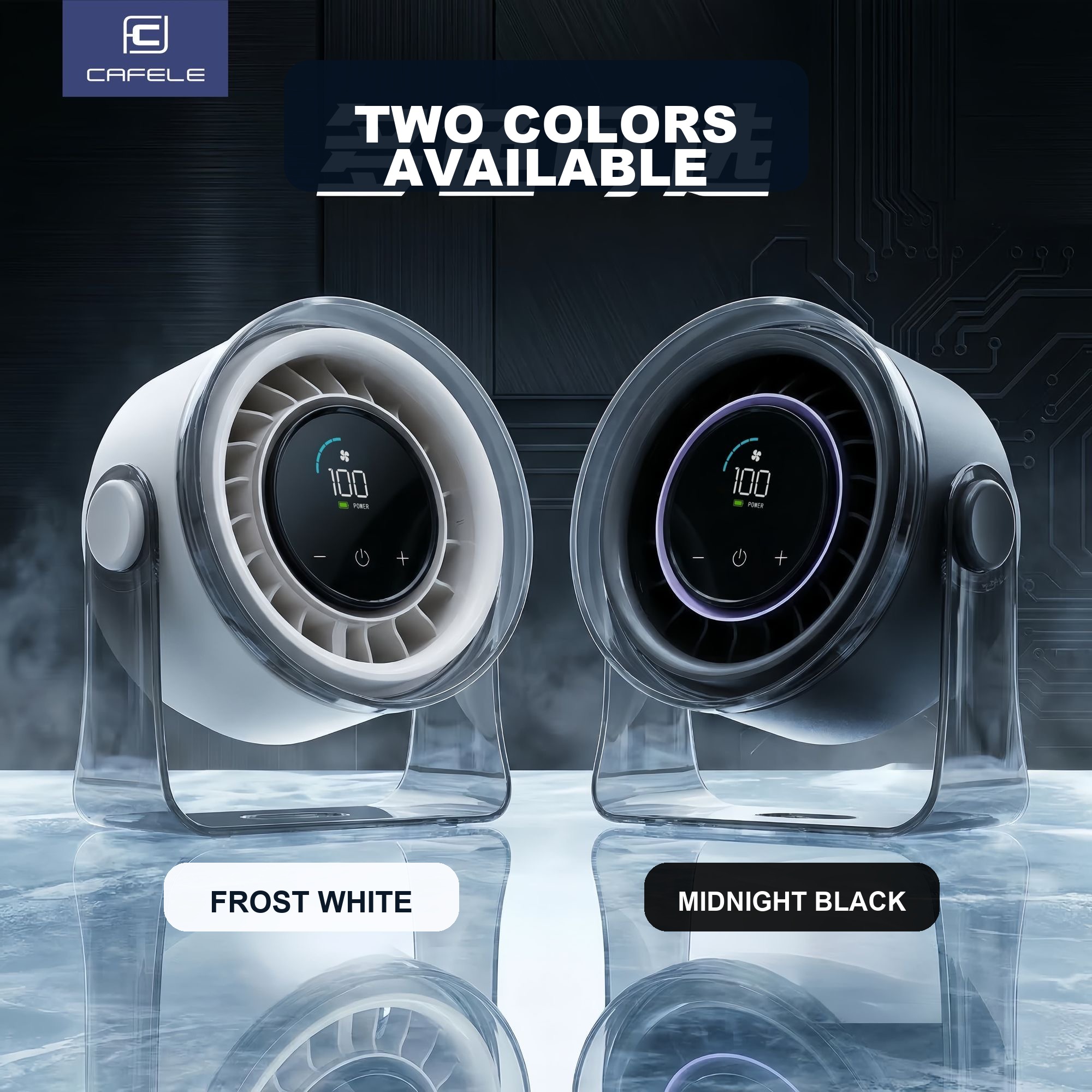 Icy cooling desktop fan in frost white and midnight black