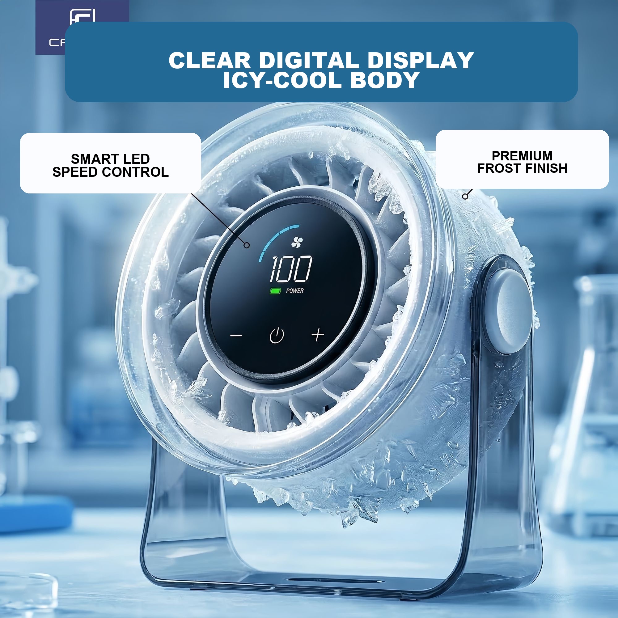 Desktop fan with clear digital display and icy-cool body