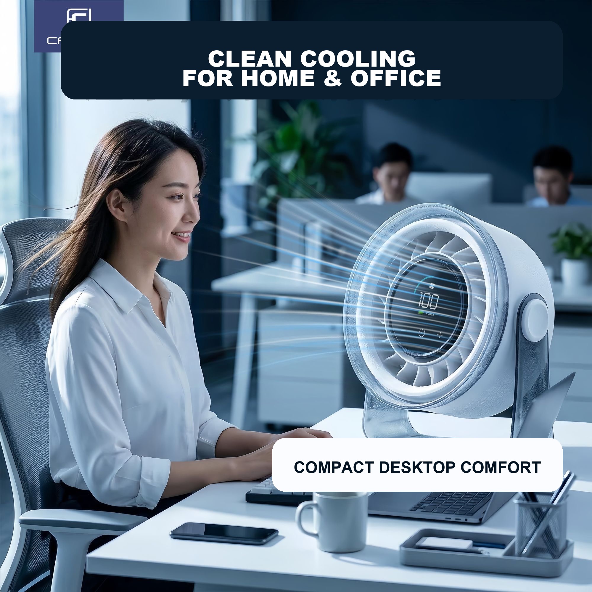 Desktop cooling fan used in a modern office