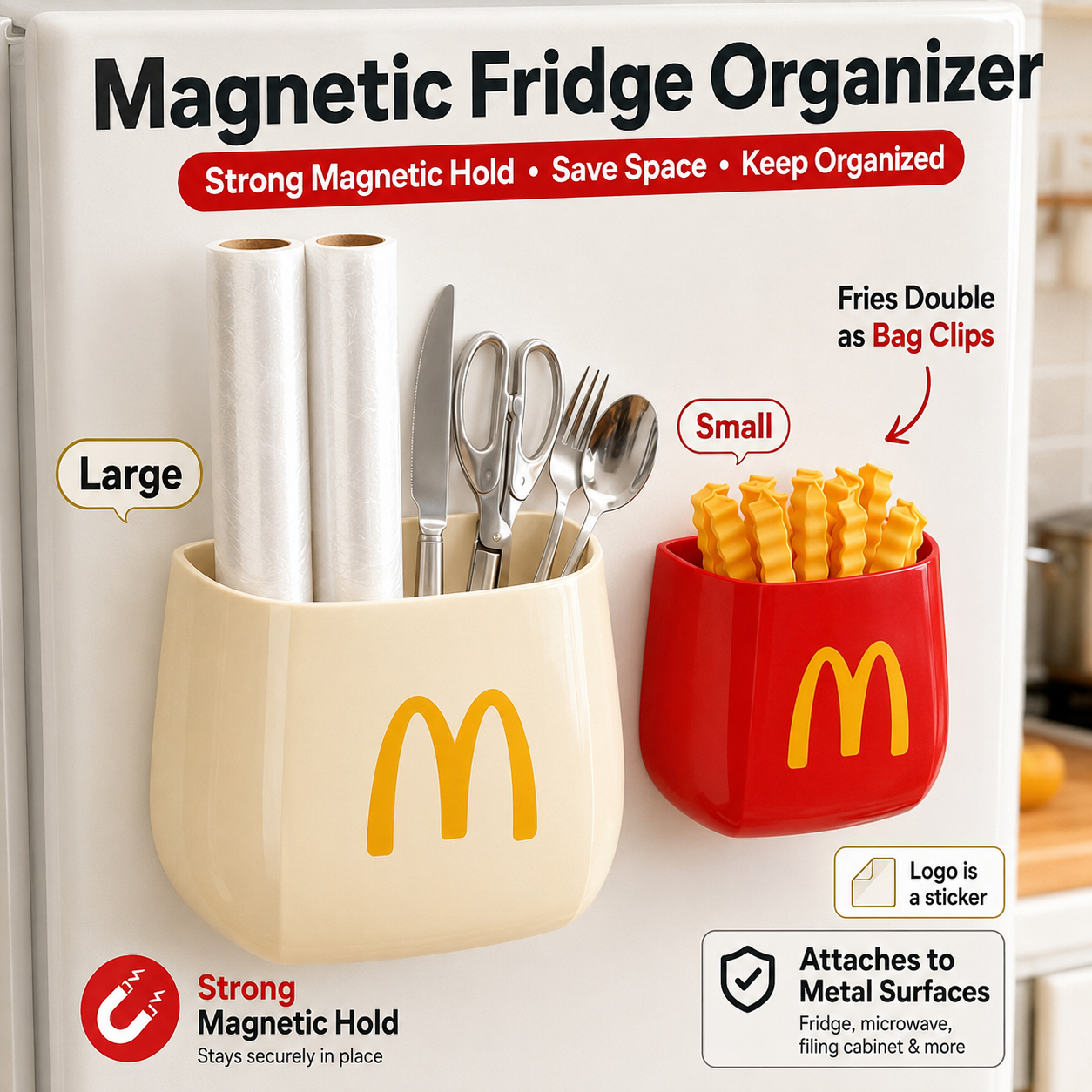 Cream and red magnetic fridge organizers on a fridge