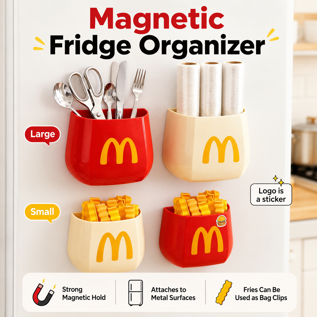Magnetic fridge organizer cups and fry-shaped bag clips on a refrigerator