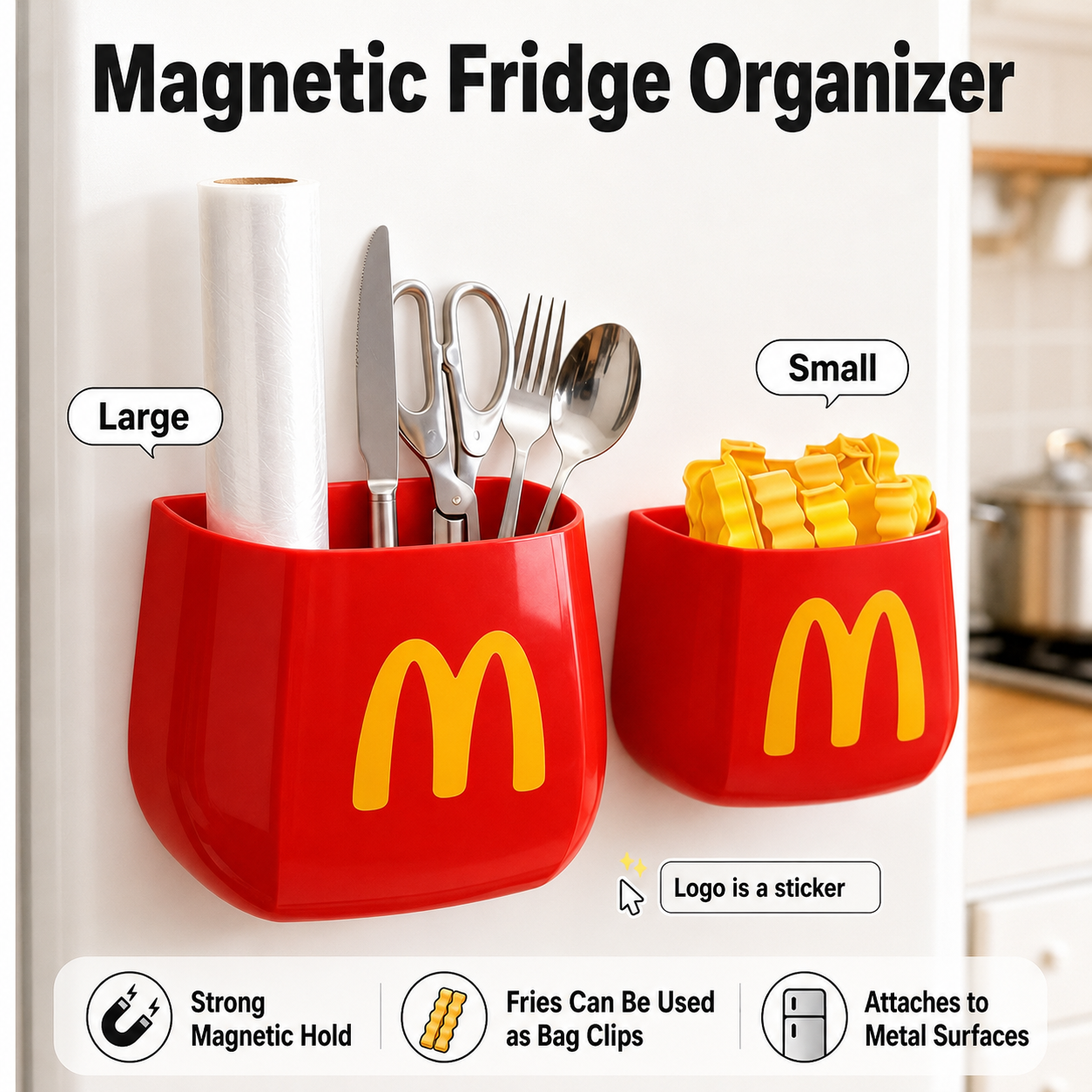 Red magnetic fridge organizer with bag clips and utensils
