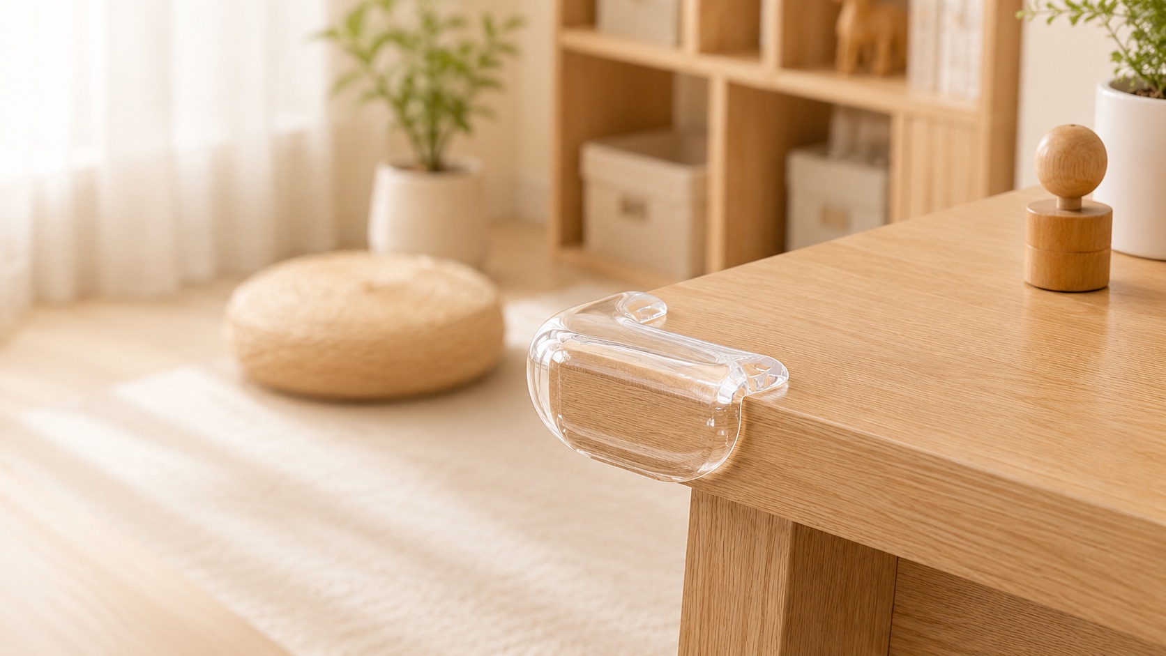 Clear cushioned corner guard fitted to a light oak table corner