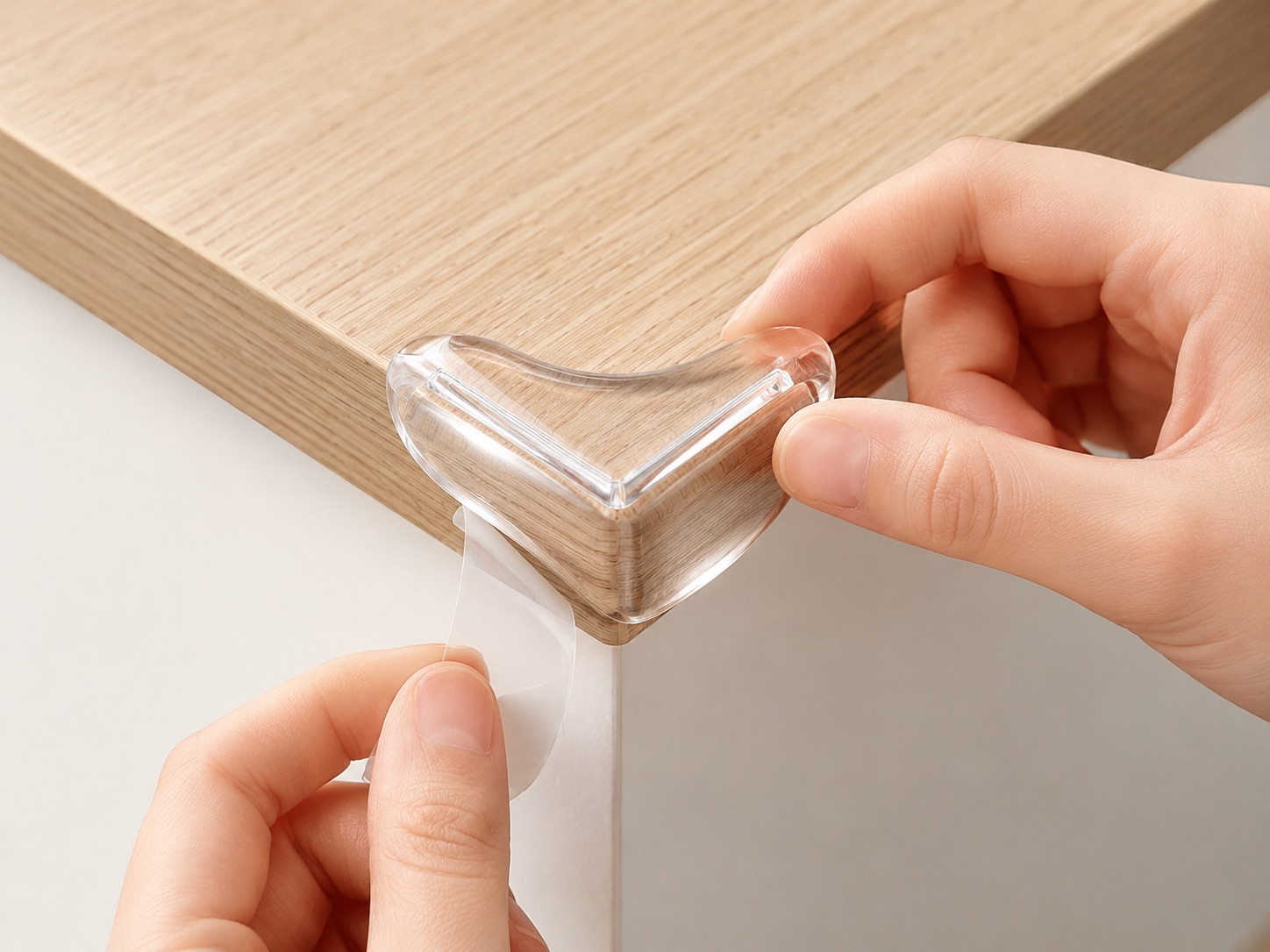 Hands peeling the adhesive and fitting a clear corner guard to a furniture corner