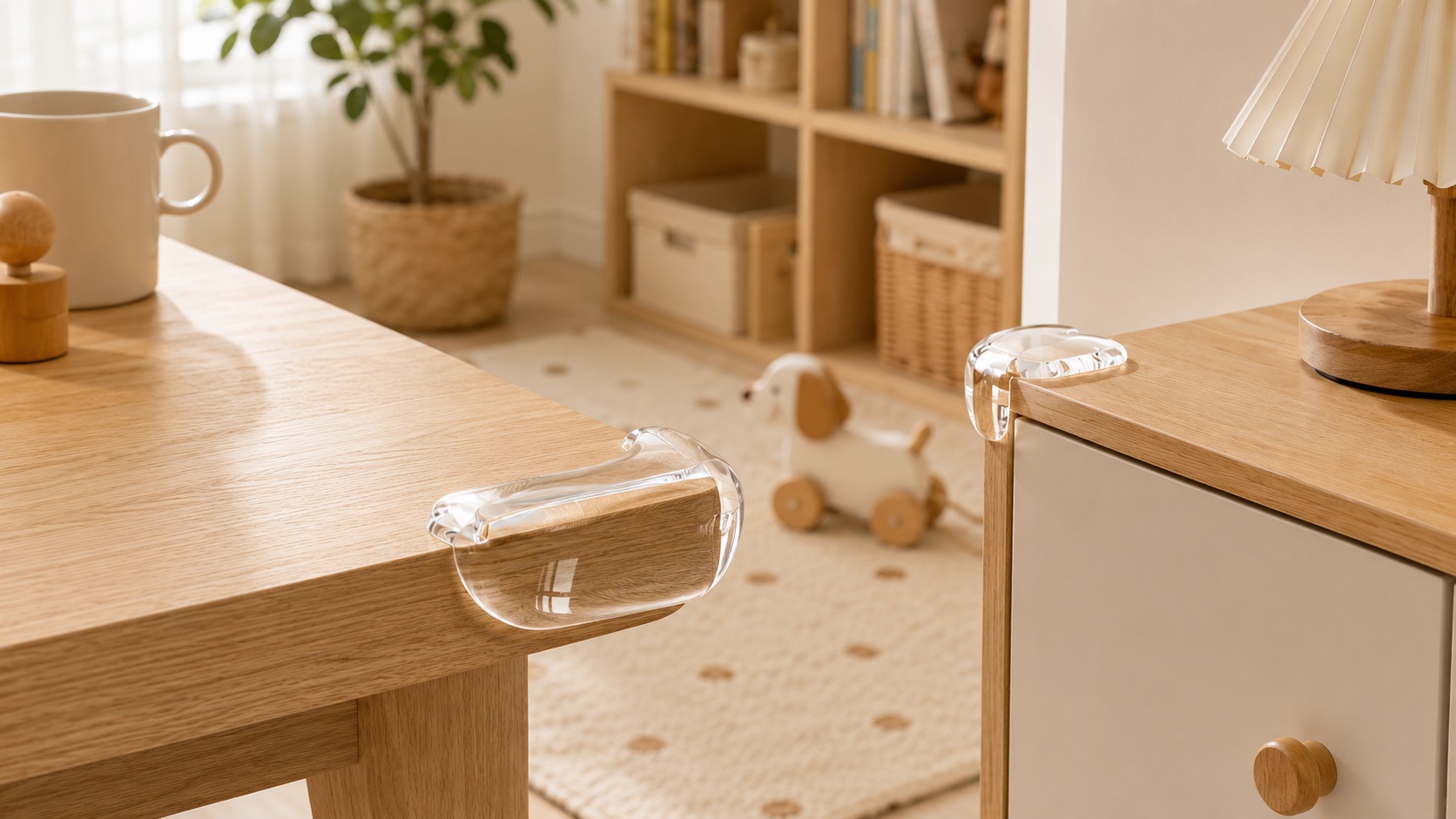 Clear corner guards installed on furniture corners in a warm Nordic room