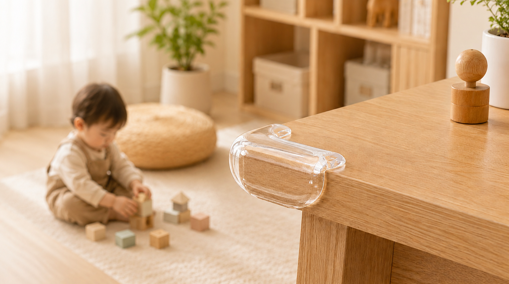 Clear cushioned corner guard on a light oak furniture corner with a child playing safely nearby