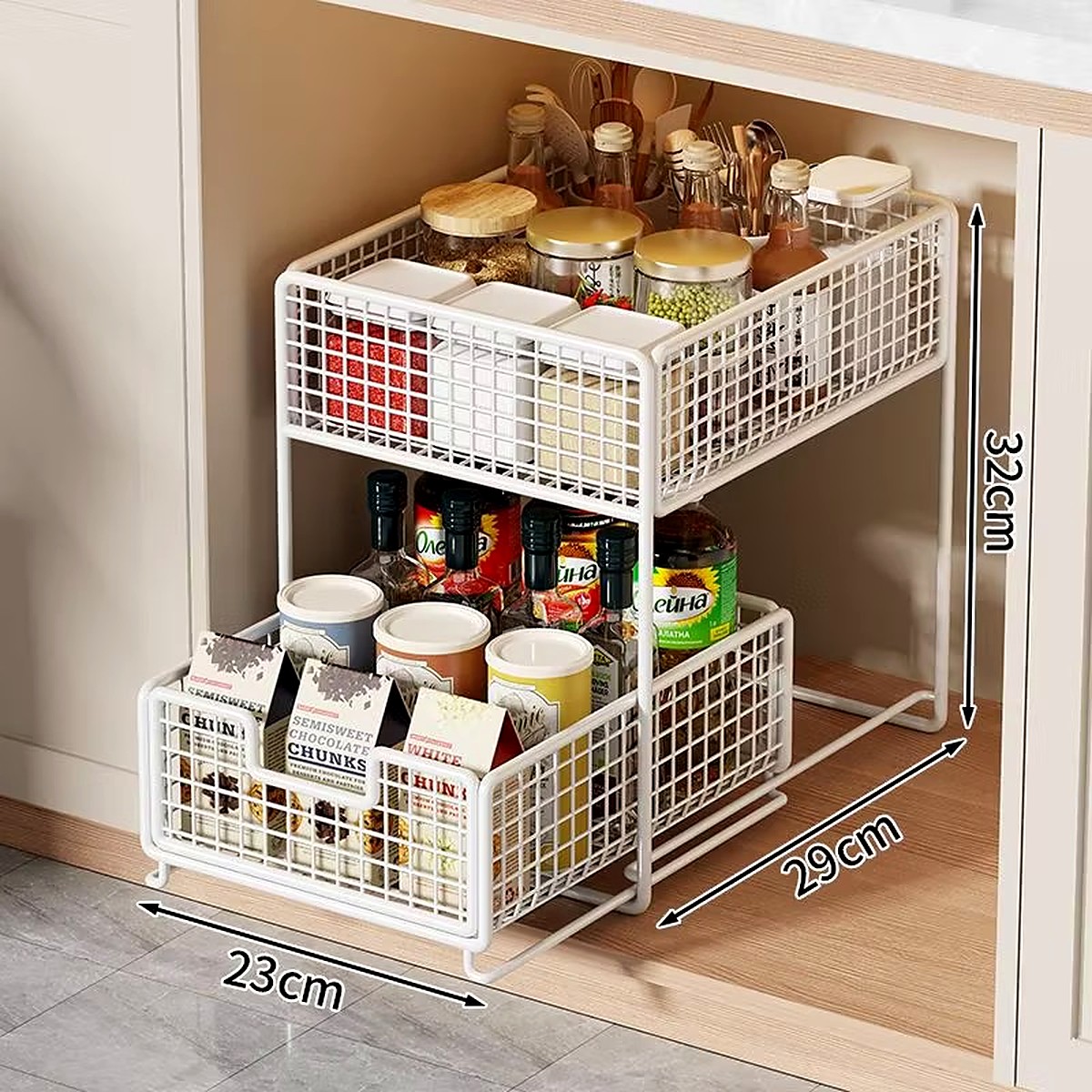 White 29 cm two-tier pull-out organizer with dimensions