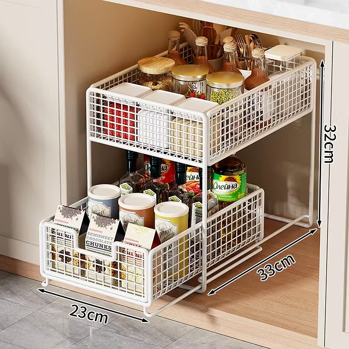 White 33 cm two-tier pull-out organizer with dimensions