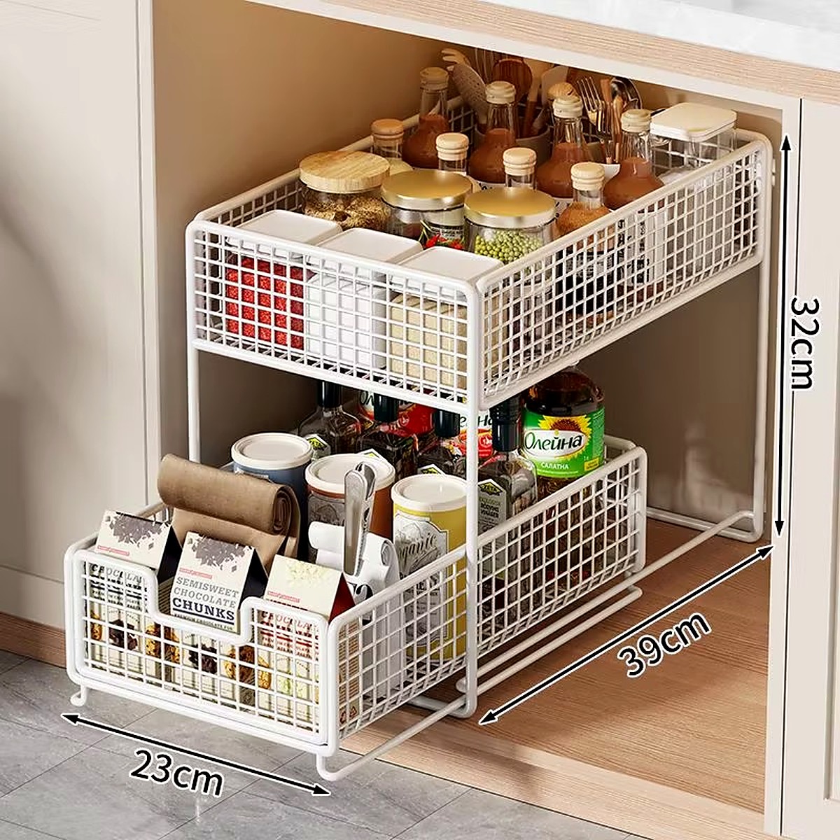 White 39 cm two-tier pull-out organizer with dimensions