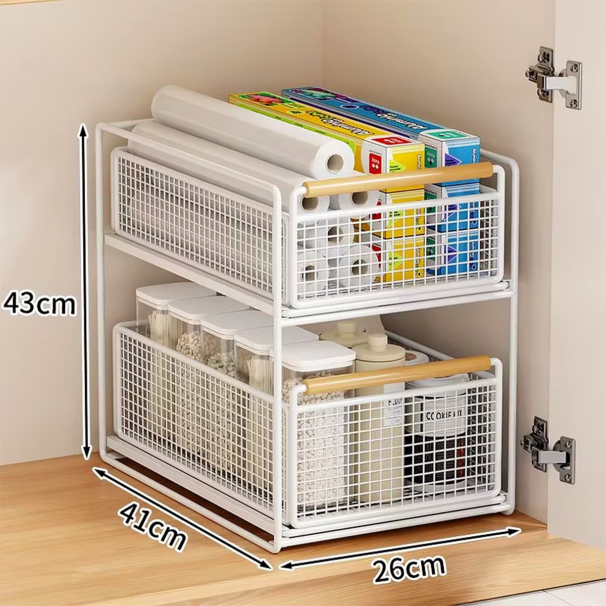 White under-sink pull-out organizer with two storage baskets